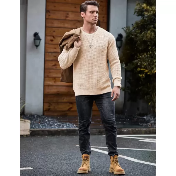 imageJMIERR Mens Crewneck Pullover Sweater Waffle Textured Knitted Sweaters Casual Loose Fit Sweaters with Ribbing EdgeApricot