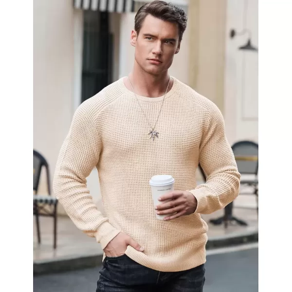 imageJMIERR Mens Crewneck Pullover Sweater Waffle Textured Knitted Sweaters Casual Loose Fit Sweaters with Ribbing EdgeApricot