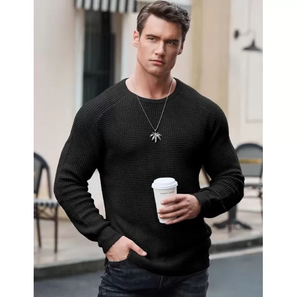 imageJMIERR Mens Crewneck Pullover Sweater Waffle Textured Knitted Sweaters Casual Loose Fit Sweaters with Ribbing EdgeBlack