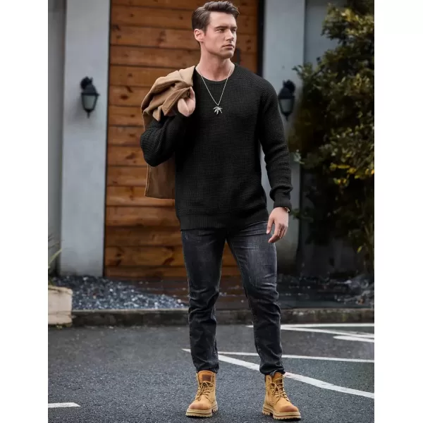 imageJMIERR Mens Crewneck Pullover Sweater Waffle Textured Knitted Sweaters Casual Loose Fit Sweaters with Ribbing EdgeBlack