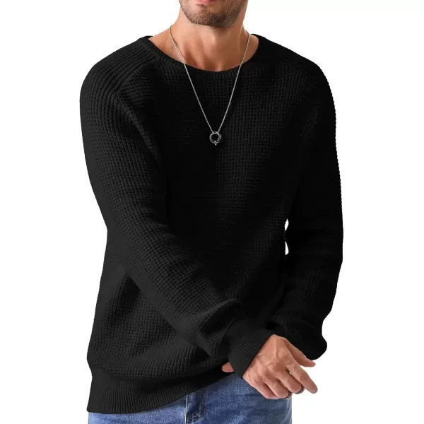 imageJMIERR Mens Crewneck Pullover Sweater Waffle Textured Knitted Sweaters Casual Loose Fit Sweaters with Ribbing EdgeBlack