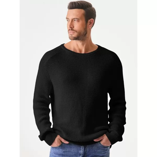 imageJMIERR Mens Crewneck Pullover Sweater Waffle Textured Knitted Sweaters Casual Loose Fit Sweaters with Ribbing EdgeBlack