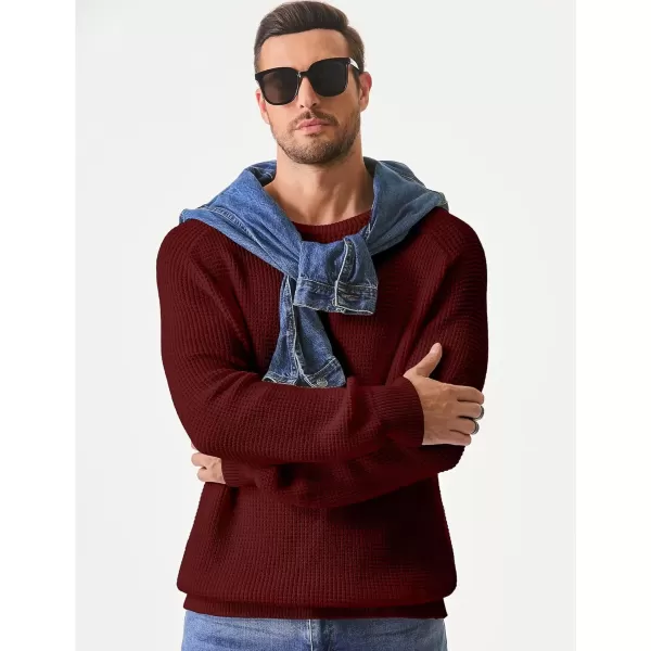imageJMIERR Mens Crewneck Pullover Sweater Waffle Textured Knitted Sweaters Casual Loose Fit Sweaters with Ribbing EdgeBurgundy