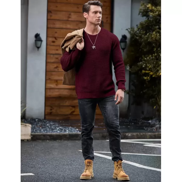 imageJMIERR Mens Crewneck Pullover Sweater Waffle Textured Knitted Sweaters Casual Loose Fit Sweaters with Ribbing EdgeBurgundy