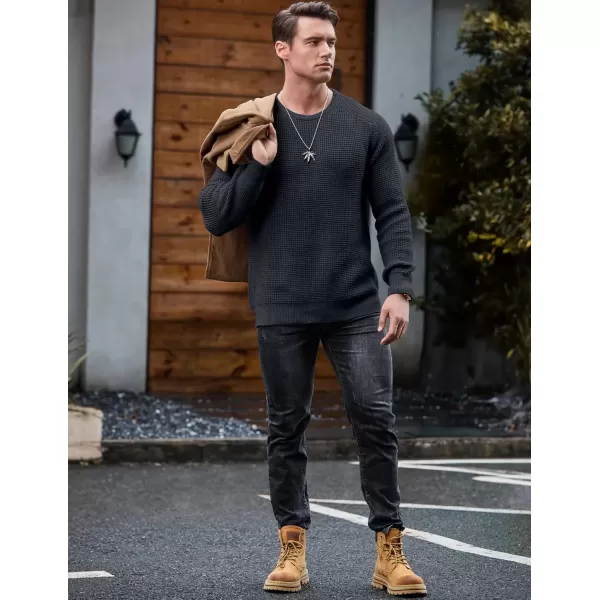 imageJMIERR Mens Crewneck Pullover Sweater Waffle Textured Knitted Sweaters Casual Loose Fit Sweaters with Ribbing EdgeDark Grey