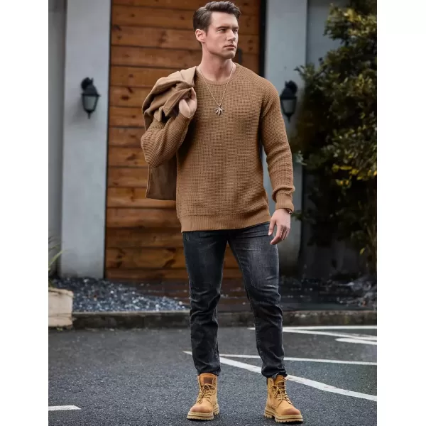 imageJMIERR Mens Crewneck Pullover Sweater Waffle Textured Knitted Sweaters Casual Loose Fit Sweaters with Ribbing EdgeKhaki