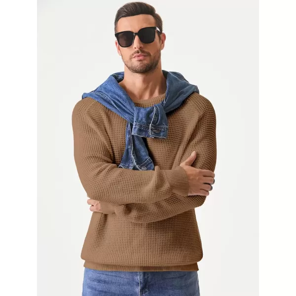 imageJMIERR Mens Crewneck Pullover Sweater Waffle Textured Knitted Sweaters Casual Loose Fit Sweaters with Ribbing EdgeKhaki