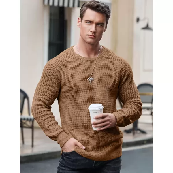 imageJMIERR Mens Crewneck Pullover Sweater Waffle Textured Knitted Sweaters Casual Loose Fit Sweaters with Ribbing EdgeKhaki