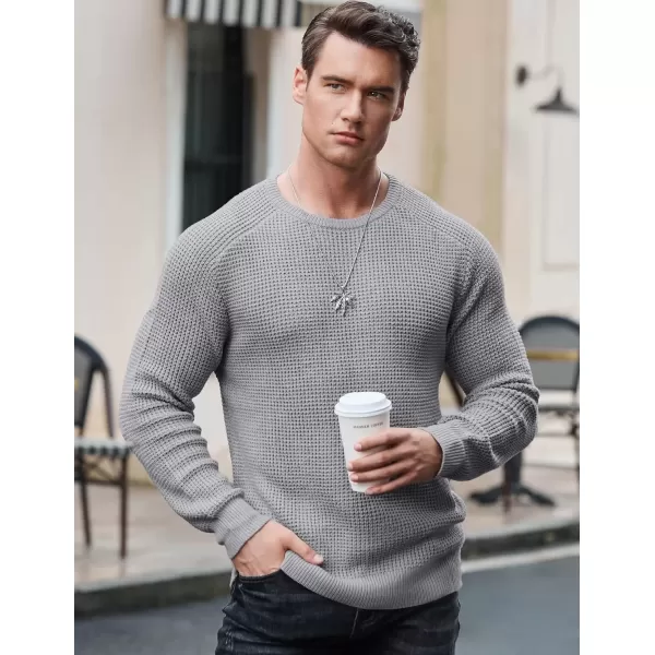 imageJMIERR Mens Crewneck Pullover Sweater Waffle Textured Knitted Sweaters Casual Loose Fit Sweaters with Ribbing EdgeLight Grey