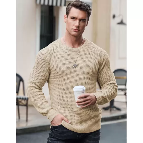 imageJMIERR Mens Crewneck Pullover Sweater Waffle Textured Knitted Sweaters Casual Loose Fit Sweaters with Ribbing EdgeLight Khaki
