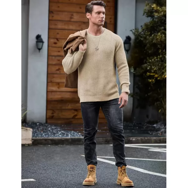 imageJMIERR Mens Crewneck Pullover Sweater Waffle Textured Knitted Sweaters Casual Loose Fit Sweaters with Ribbing EdgeLight Khaki