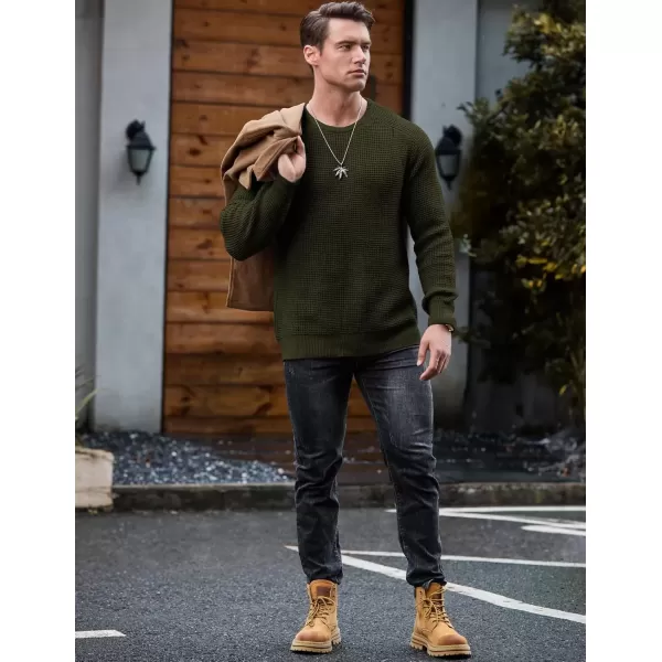 imageJMIERR Mens Crewneck Pullover Sweater Waffle Textured Knitted Sweaters Casual Loose Fit Sweaters with Ribbing EdgeMoss Green