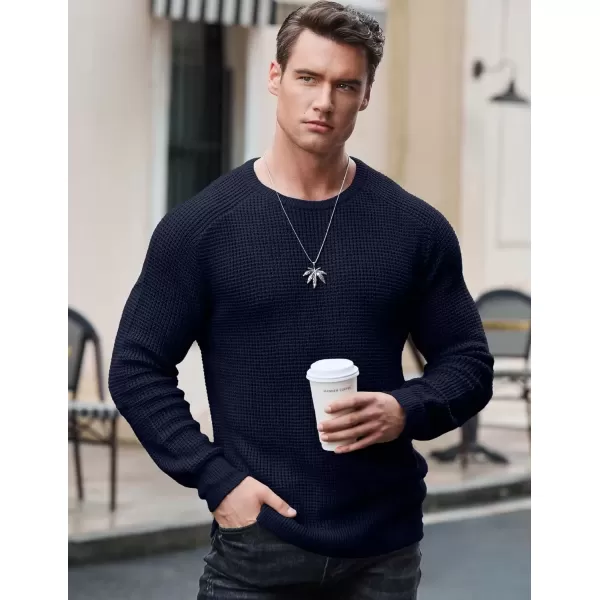 imageJMIERR Mens Crewneck Pullover Sweater Waffle Textured Knitted Sweaters Casual Loose Fit Sweaters with Ribbing EdgeNavy Blue