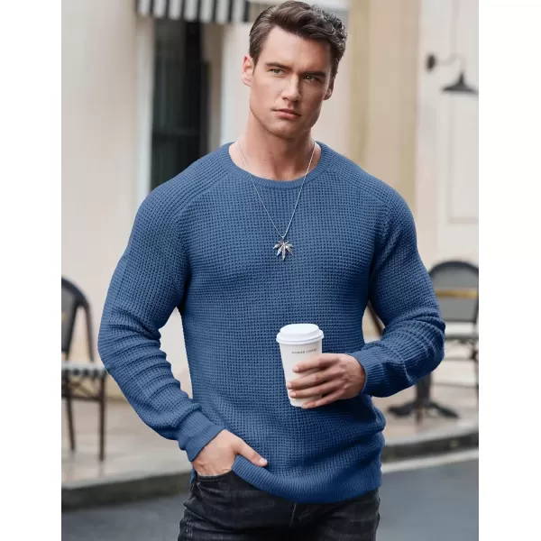 imageJMIERR Mens Crewneck Pullover Sweater Waffle Textured Knitted Sweaters Casual Loose Fit Sweaters with Ribbing EdgePrussian Blue