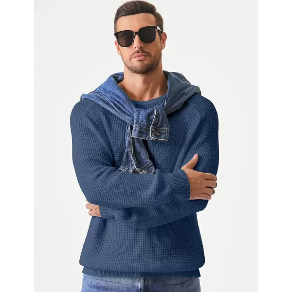 imageJMIERR Mens Crewneck Pullover Sweater Waffle Textured Knitted Sweaters Casual Loose Fit Sweaters with Ribbing EdgePrussian Blue