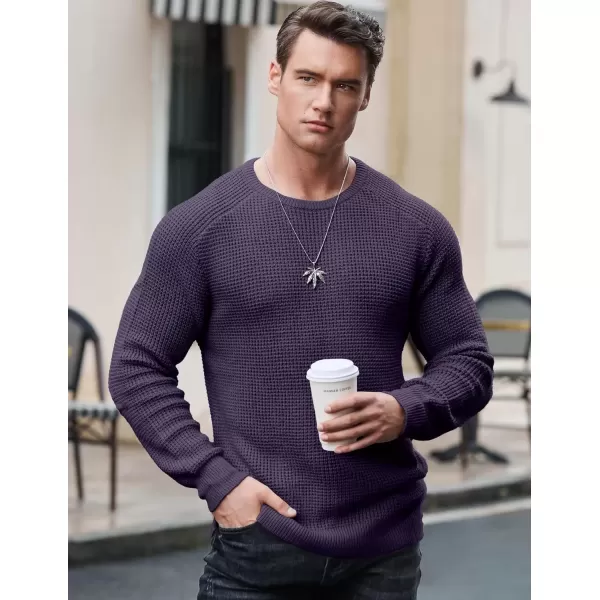 imageJMIERR Mens Crewneck Pullover Sweater Waffle Textured Knitted Sweaters Casual Loose Fit Sweaters with Ribbing EdgeViolet