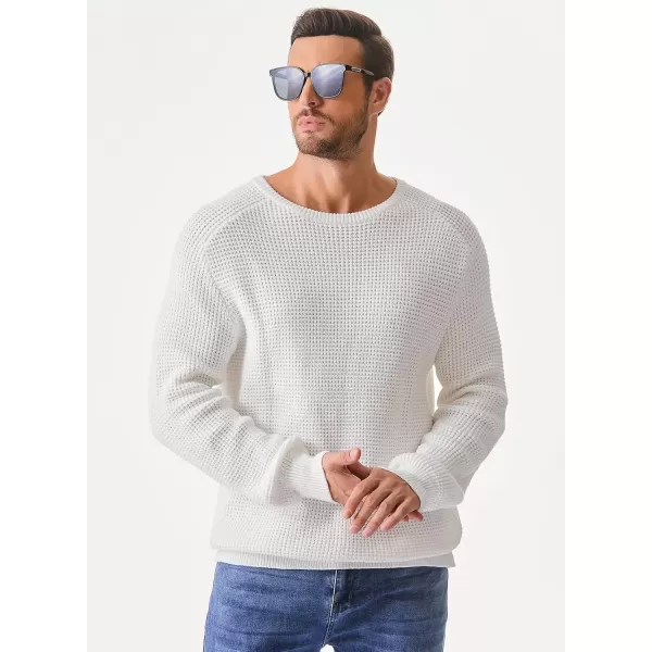 imageJMIERR Mens Crewneck Pullover Sweater Waffle Textured Knitted Sweaters Casual Loose Fit Sweaters with Ribbing EdgeWhite