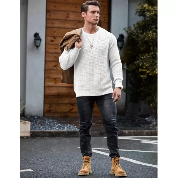 imageJMIERR Mens Crewneck Pullover Sweater Waffle Textured Knitted Sweaters Casual Loose Fit Sweaters with Ribbing EdgeWhite