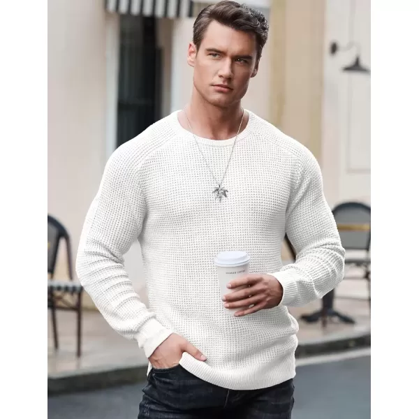 imageJMIERR Mens Crewneck Pullover Sweater Waffle Textured Knitted Sweaters Casual Loose Fit Sweaters with Ribbing EdgeWhite