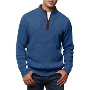 imageJMIERR Mens Quarter Zip Sweater Lightweight Mock Neck Casual Long Sleeve Knitted Solid Pullover SweatersA9 Prussian Blue