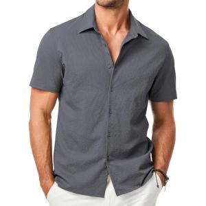 imageJMIERR Mens Seersucker Shirts Short Sleeve Casual Shirt Button Down Shirt Beach Summer Wedding TopsDark Grey