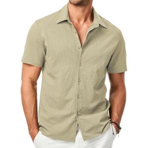 imageJMIERR Mens Seersucker Shirts Short Sleeve Casual Shirt Button Down Shirt Beach Summer Wedding TopsKhaki