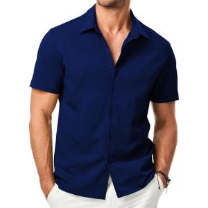 imageJMIERR Mens Seersucker Shirts Short Sleeve Casual Shirt Button Down Shirt Beach Summer Wedding TopsNavy Blue