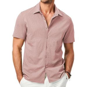 imageJMIERR Mens Seersucker Shirts Short Sleeve Casual Shirt Button Down Shirt Beach Summer Wedding TopsRose