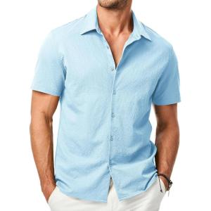 imageJMIERR Mens Seersucker Shirts Short Sleeve Casual Shirt Button Down Shirt Beach Summer Wedding TopsSky Blue