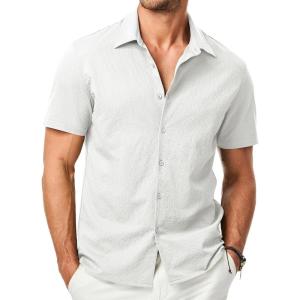 imageJMIERR Mens Seersucker Shirts Short Sleeve Casual Shirt Button Down Shirt Beach Summer Wedding TopsWhite