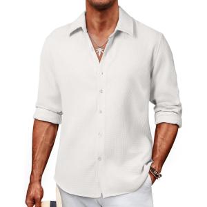 imageJMIERR Mens Shirt Waffle Button Down Shirts Long Sleeve Casual Work Dress Shirt0 White