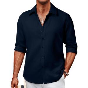 imageJMIERR Mens Shirt Waffle Button Down Shirts Long Sleeve Casual Work Dress ShirtB Dark Blue