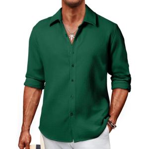 imageJMIERR Mens Shirt Waffle Button Down Shirts Long Sleeve Casual Work Dress ShirtB Green