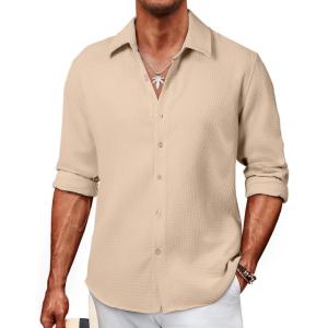 imageJMIERR Mens Shirt Waffle Button Down Shirts Long Sleeve Casual Work Dress ShirtC Light Beige