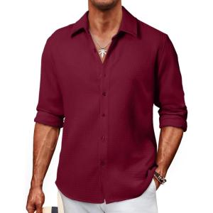 imageJMIERR Mens Shirt Waffle Button Down Shirts Long Sleeve Casual Work Dress ShirtC Red