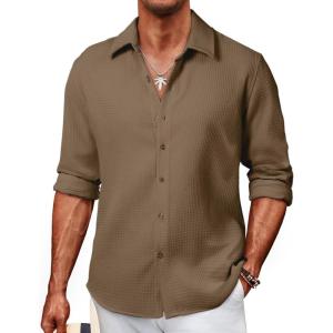 imageJMIERR Mens Shirt Waffle Button Down Shirts Long Sleeve Casual Work Dress ShirtD Dark Khaki