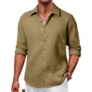 imageJMIERR Mens Shirt Waffle Button Down Shirts Long Sleeve Casual Work Dress ShirtD Khaki