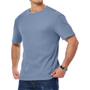 imageJMIERR Mens T Shirt Casual Solid Color Cotton Crewneck Stretch Short Sleeve Waffle Knit TeesBlue