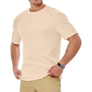 imageJMIERR Mens T Shirt Casual Solid Color Cotton Crewneck Stretch Short Sleeve Waffle Knit TeesParchment