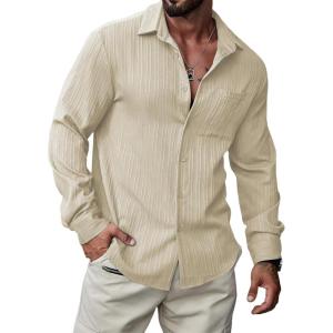 imageJMIERR Mens Button Down Dress Shirts Textured Long Sleeve Casual Hawaiian Beach Shirt with PocketApricot