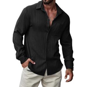 imageJMIERR Mens Button Down Dress Shirts Textured Long Sleeve Casual Hawaiian Beach Shirt with PocketBlack