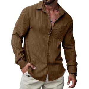imageJMIERR Mens Button Down Dress Shirts Textured Long Sleeve Casual Hawaiian Beach Shirt with PocketBrown