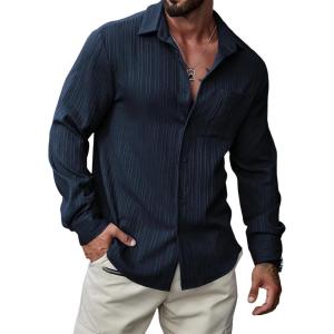 imageJMIERR Mens Button Down Dress Shirts Textured Long Sleeve Casual Hawaiian Beach Shirt with PocketDark Blue