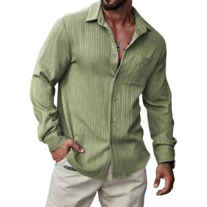 imageJMIERR Mens Button Down Dress Shirts Textured Long Sleeve Casual Hawaiian Beach Shirt with PocketGreen