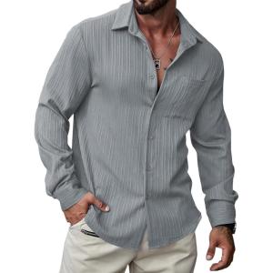 imageJMIERR Mens Button Down Dress Shirts Textured Long Sleeve Casual Hawaiian Beach Shirt with PocketGrey