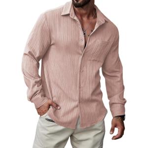 imageJMIERR Mens Button Down Dress Shirts Textured Long Sleeve Casual Hawaiian Beach Shirt with PocketPink