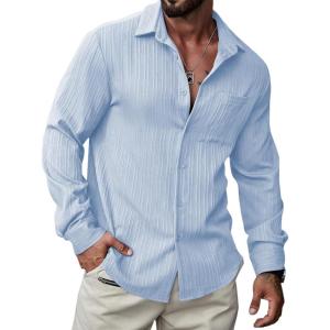 imageJMIERR Mens Button Down Dress Shirts Textured Long Sleeve Casual Hawaiian Beach Shirt with PocketSky Blue