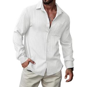 imageJMIERR Mens Button Down Dress Shirts Textured Long Sleeve Casual Hawaiian Beach Shirt with PocketWhite