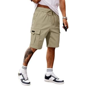 imageJMIERR Mens Casual Stretch Cargo Shorts Classic Drawstring Elastic Waist Summer Work Short with Multi PocketsKhaki