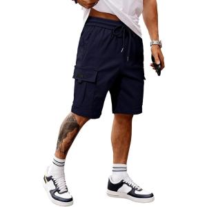 imageJMIERR Mens Casual Stretch Cargo Shorts Classic Drawstring Elastic Waist Summer Work Short with Multi PocketsNavy Blue